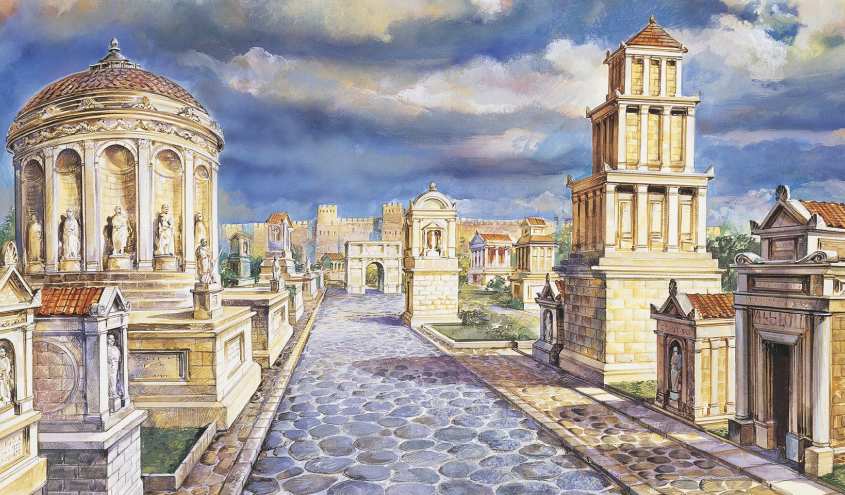 An image showing the developed roads in the streets of Ancient Rome. 
