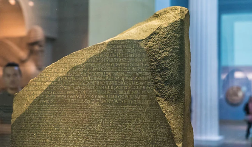 A picture of the Rosetta Stone in the British Museum.